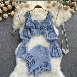 Light Blue Off-Shoulder Ruffle Top and Shorts Set - Like New