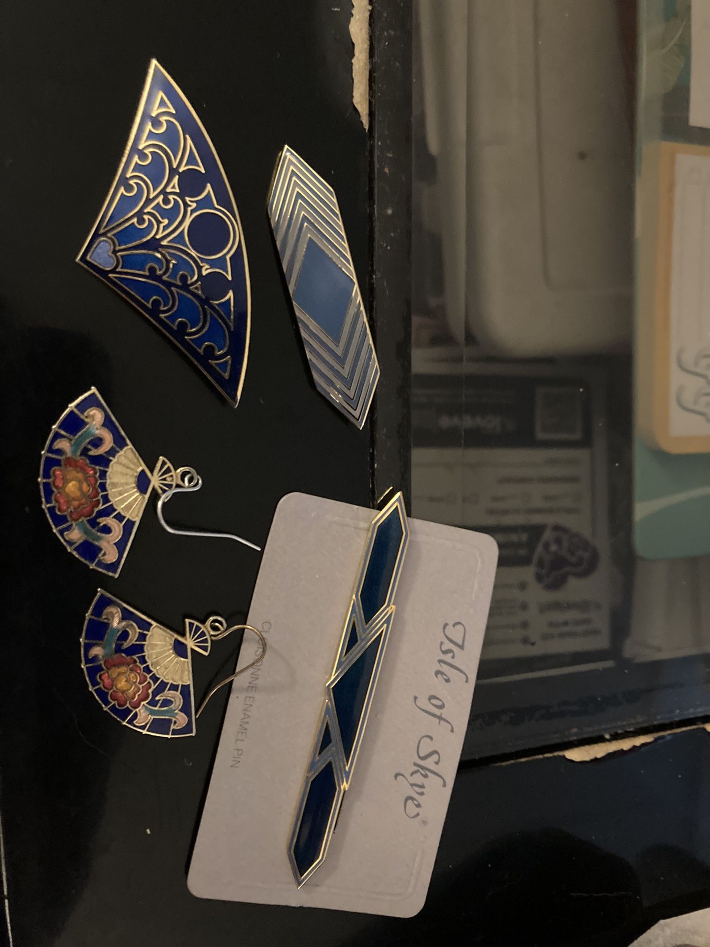 Vintage 80’s  Cloisonne Cloisonné BLUE Pin Brooch Set Lot with earrings 