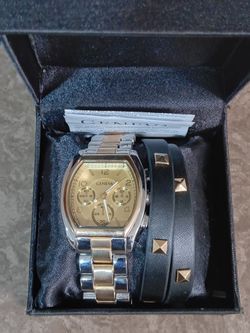 Men's Geneva wristwatch set w/ two-tone watch & studded bracelet