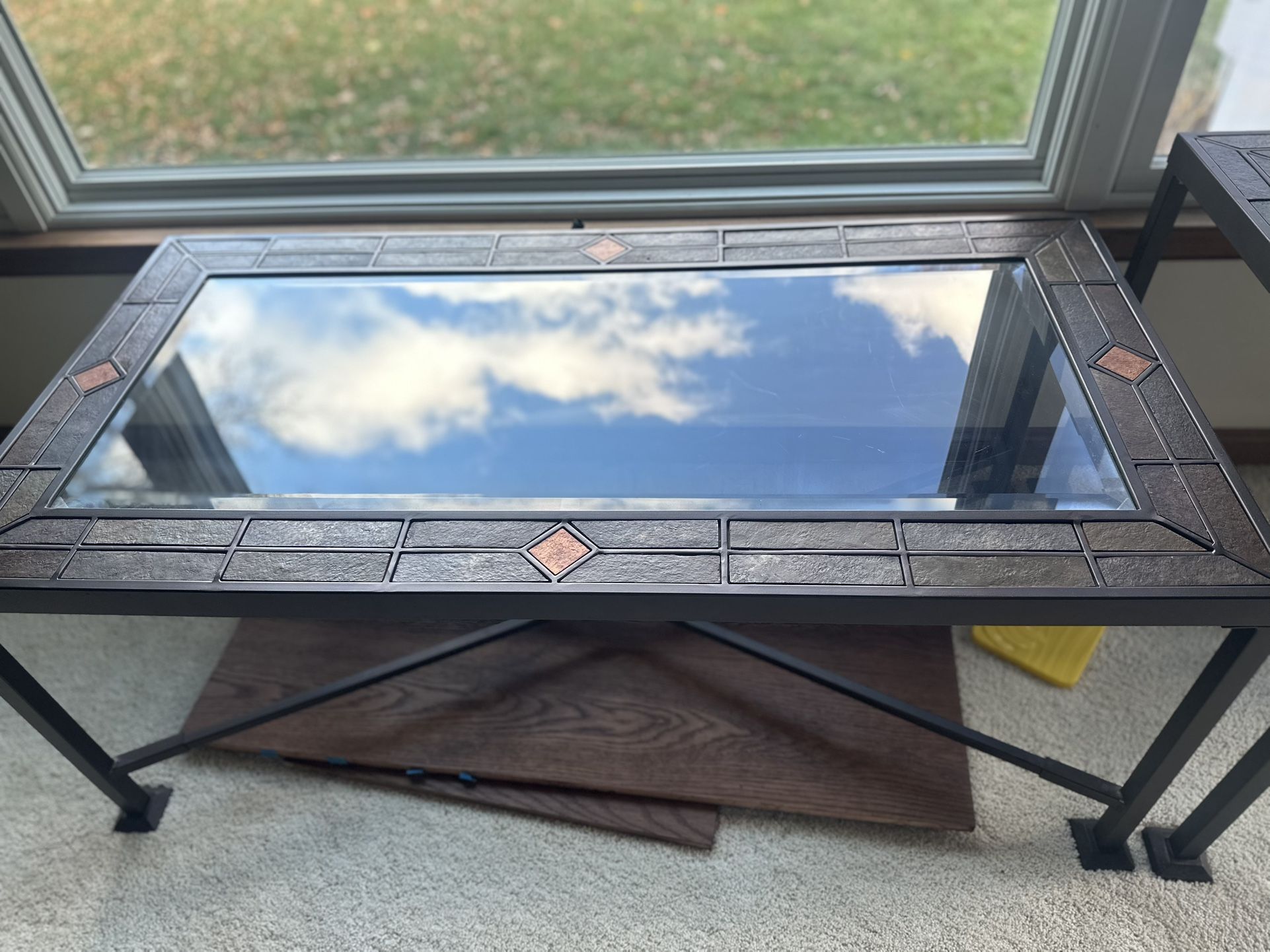 3-Piece Glass Top Coffee + End Table Set — Metal Frame, Slate/Tile Inlay Border with Copper Diamond Accents