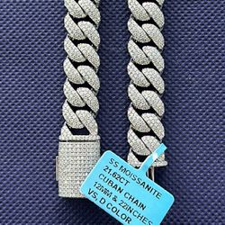 Sterling Silver Moissanite 12mm Cuban Chain