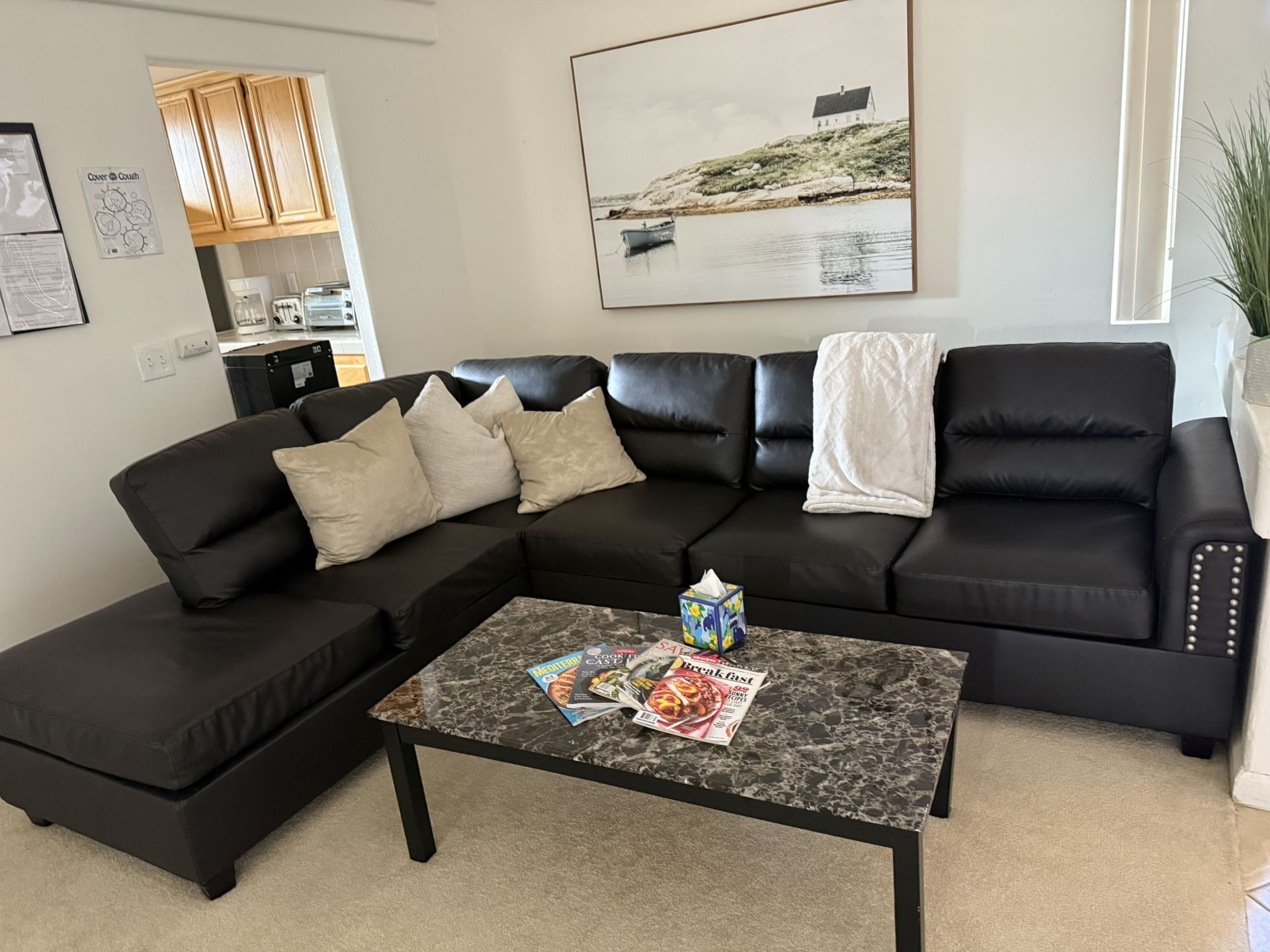 Faux Leather Sectional Sofa with Ottoman