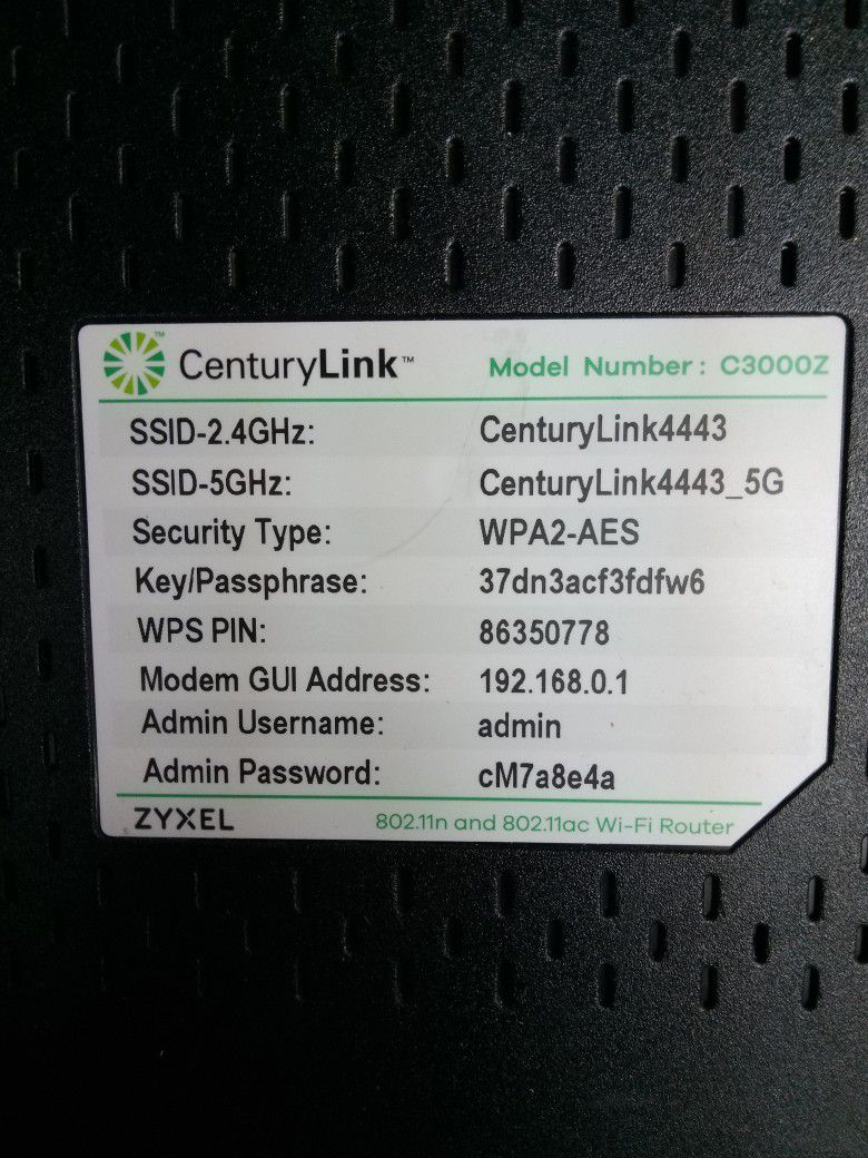 CenturyLink ZyXEL C3000Z DSL Modem/Router with 2.4GHz and 5GHz Wi-Fi. W/Cables


