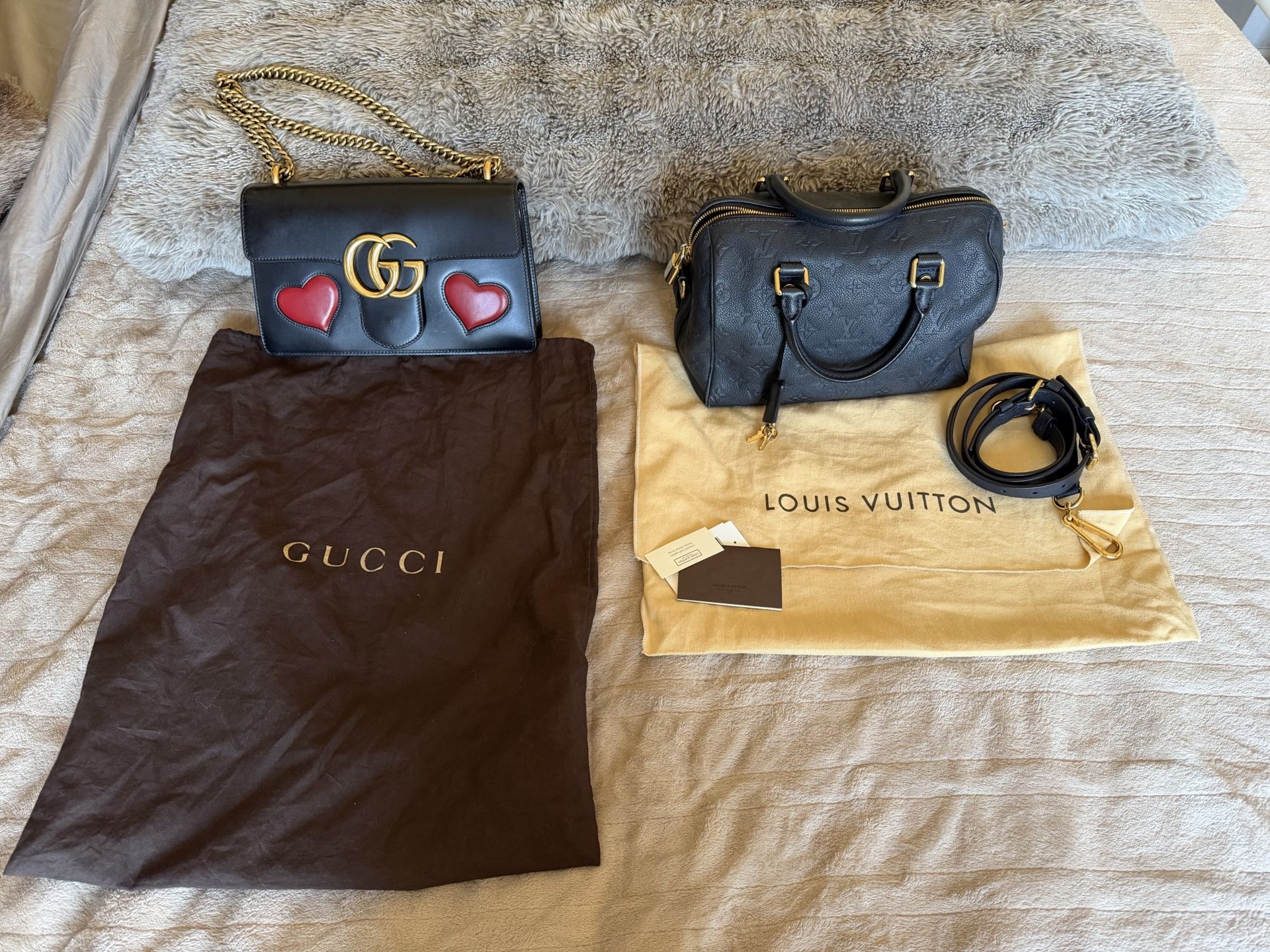 $2500=2 LEATHER purses Gucci & Louis Vuitton limited black hearts BLUE GOLDEN dust bags Genuine