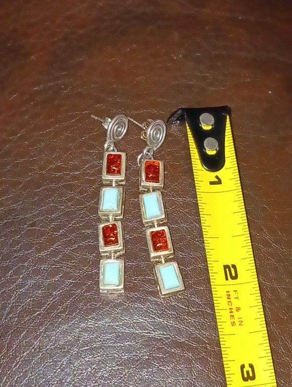 925ss Vintage Turquoise, Amber, Hill Tribe Stud Earrings