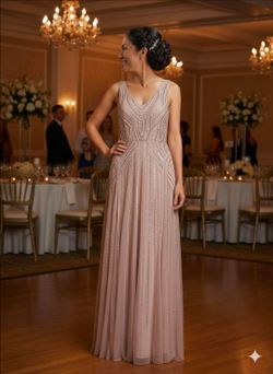 ModCloth Sleeveless V-Neck Sequin Maxi Dress in Blush/Rose Gold. Prom Dress.