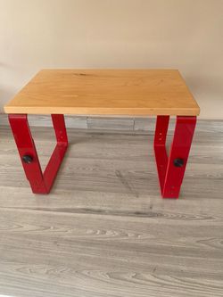 Small Wood Table with Red Metal Legs x 2