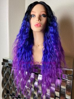 Ombré wig purple blue black middle part 24 inch long premium quality synthetic high temperature fiber heat ok