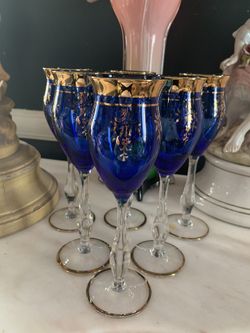 Vintage Cobalt Blue Stem Wine Glasses (6) w/Gold