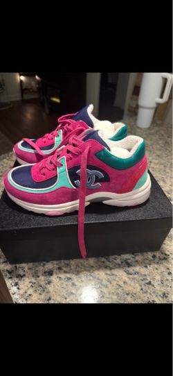 AUTH CHANEL RUNNER TRAINER SNEAKERS SUEDE PINK BLUE GREEN CC LOGO LACE UP