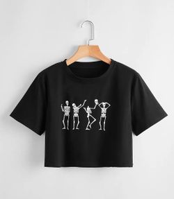 Skull Print Crew Neck Cropped T-shirt 
