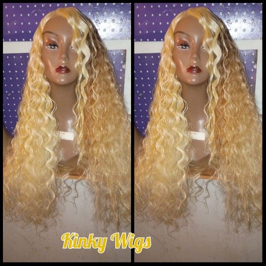 32" 613 Blonde and #27 Deep Wave HD closure Human Blend Hair Wig