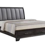 New 5 Piece Bedroom Set.  Grey Padded With Dark Finish.  Free Delivery!