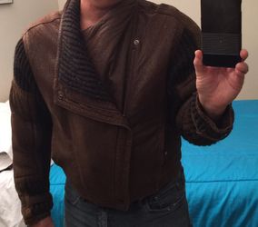 80’s vintage Soft Brown Leather jacket with Wool Knit inserts, Size: Men's Medium