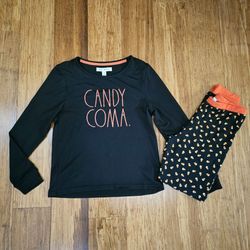 Rae Dunn "Candy Coma" Halloween Pajama Set Girls Size 10 Black/Orange Candy Corn