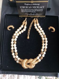 Vintage FM 1988 The Franklin Mint Mary McFadden Baroque Glass Pearl Bead Textured Gold Tone Rope Knot Design Necklace & Earrings Etruscan Style Jewelr