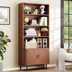71" Tall Bookshelf, 4-Tier Bookcase with Storage Cabinet & Adjustable Storage Shelf, Freestanding Wood Bookshelf with Sliding Door and Adjustable Foot