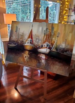 Large Textured Canvas Harbor Painting 47”x 32”– Golden Boats & Reflections