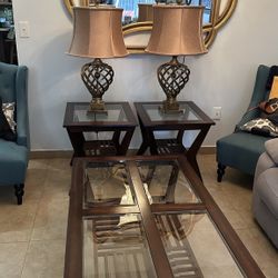Wooden glass Top Coffee Table, End Table And Shade Lamps