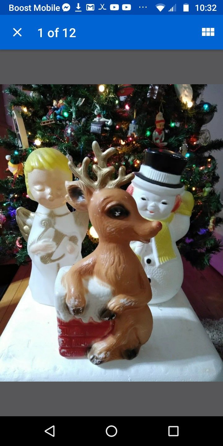 Vintage 3 Poloron Pixies Rudolph reindeer, snowman & angel blow molds
