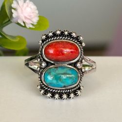 925 Sterling Silver Turquoise and red Coral ring size 10