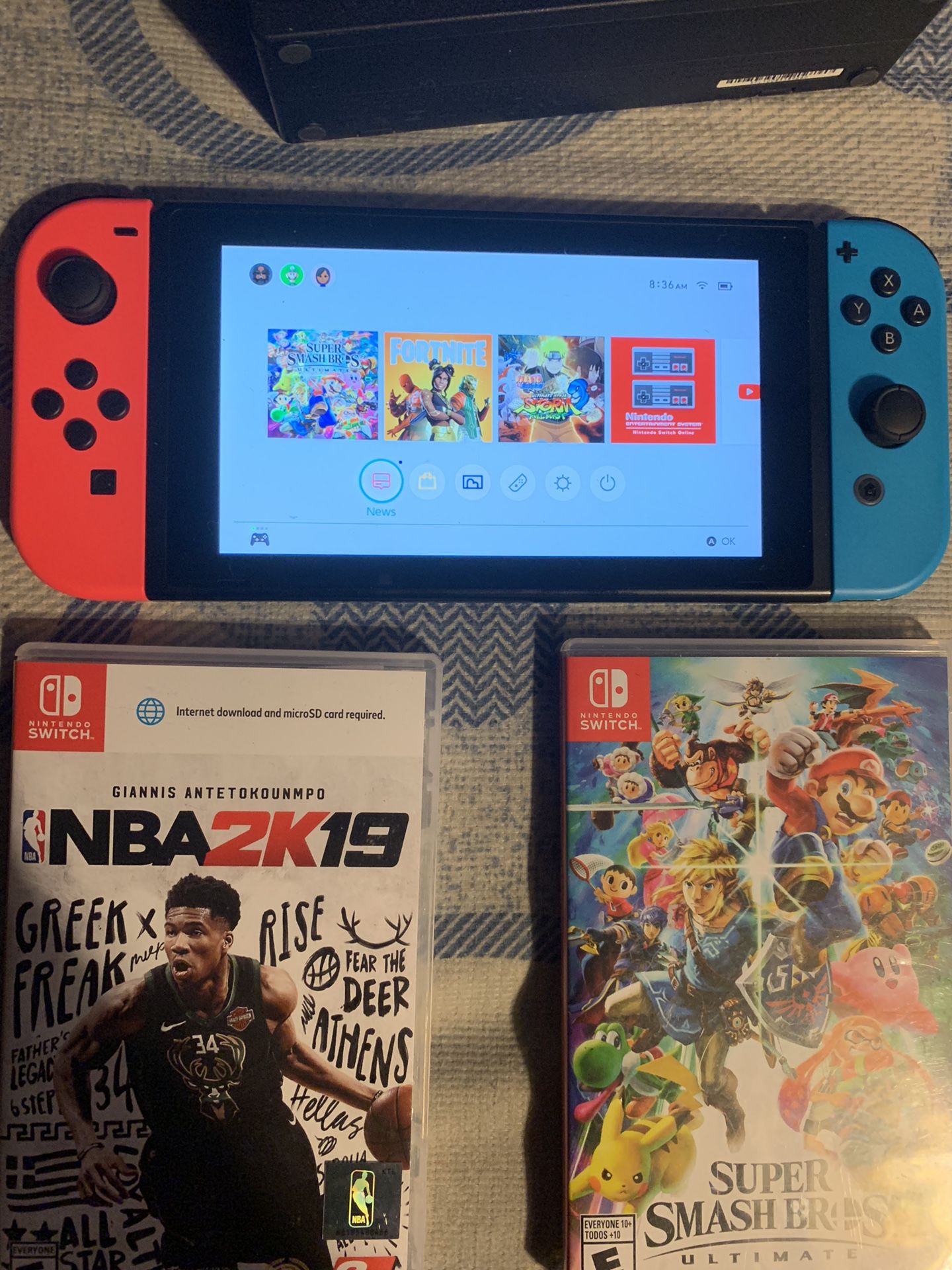 Nintendo Switch plus pro controller Smash bros NBA 2k19 Naruto and case