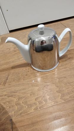 White Ceramic Teapot with Stainless Steel Cozy