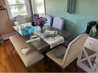 Rustic Farmhouse Dining Table Set with Upholstered Chairs and Bench (by Ashley)