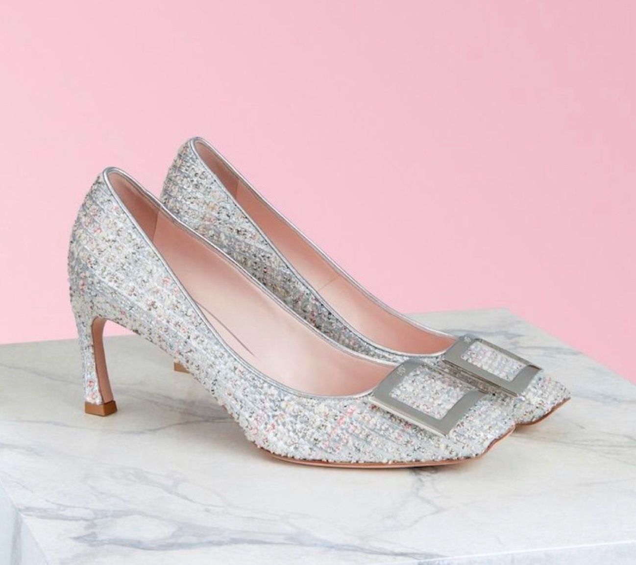 Authentic NEW Roger Vivier trompette piping Tweed Pumps Silver 39