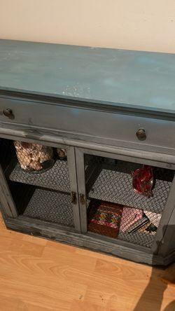 Painted Gray Farmhouse Cabinet with Chicken Wire Doors