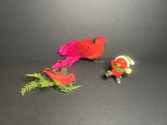 Vintage 1980s Lot of 3 Flocked & Plastic Red Cardinal Bird Christmas Ornaments