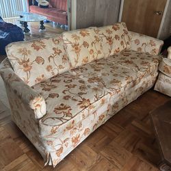 Set 2 Matching Orange/Cream Floral Vintage Couches 