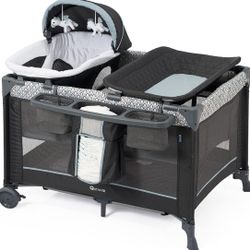 5 in 1 Multifunctional Foldable Baby Crib with Bassinet, Changing Table, Newborn Changing Station with Canopy, Diaper Stacker, Playpen for Infants and