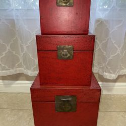Vintage oriental-style wooden storage boxes