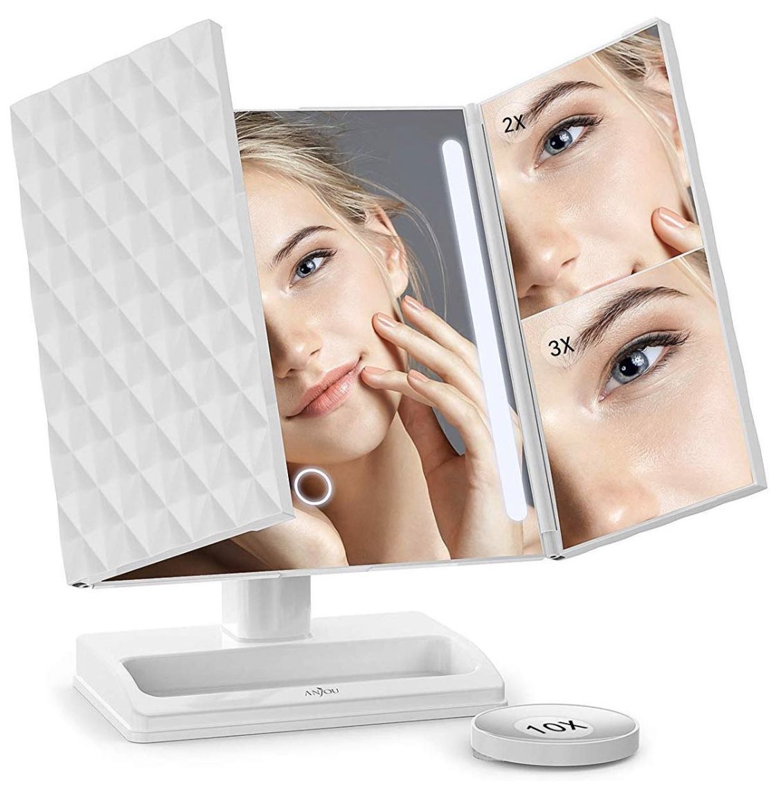 Makeup Mirror with Lights and Magnification 1X,2X,3X,10X, Lighted Vanity Mirror with Touch Screen Dimmable, Trifold Mirror with Lights and 360 Degree