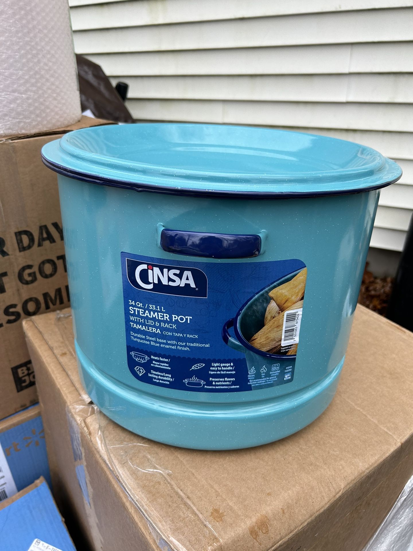Cinsa 34-Quart Enamel on Steel Steamer Pot with Lid & Trivet, Blue -