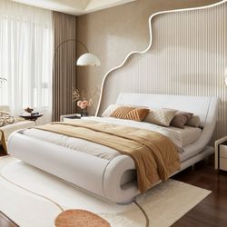 Queen Size Faux Leather Platform Bed Frame with Curved Adjustable Headboard, White