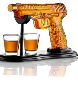 Whiskey Decanter Glass Pistol and two Glass Cups and stand