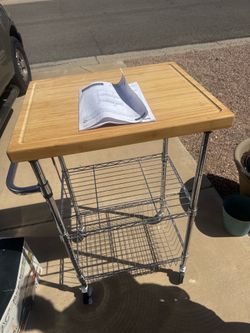 Rolling Kitchen Cart w/ Bamboo Top – 3 Tier Storage Utility Cart no