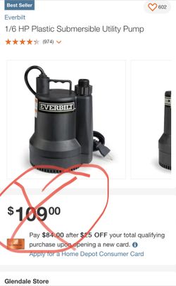 New Everbilt 1/6 HP Plastic Submersible Utility Pump