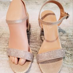 Lucita Gold Rhinestone Glitter Strappy Block Heel Buckle Women's Sandals US 7.5
