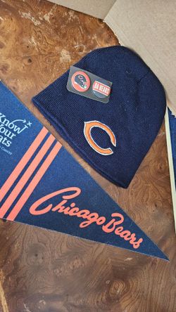 NFL, CHICAGO BEARS; (×3) NEW, KNIT CAP, 2 BUTTONS & MINI PENNANT, FIRM.
