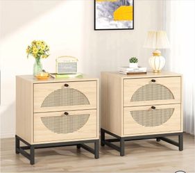 Lamerge Rattan Nightstands Set of 2, Boho Night Stands with Drawers & Metal Leg,Wood Bed Side Tables End Table for Bedroom, Living Room-Beige