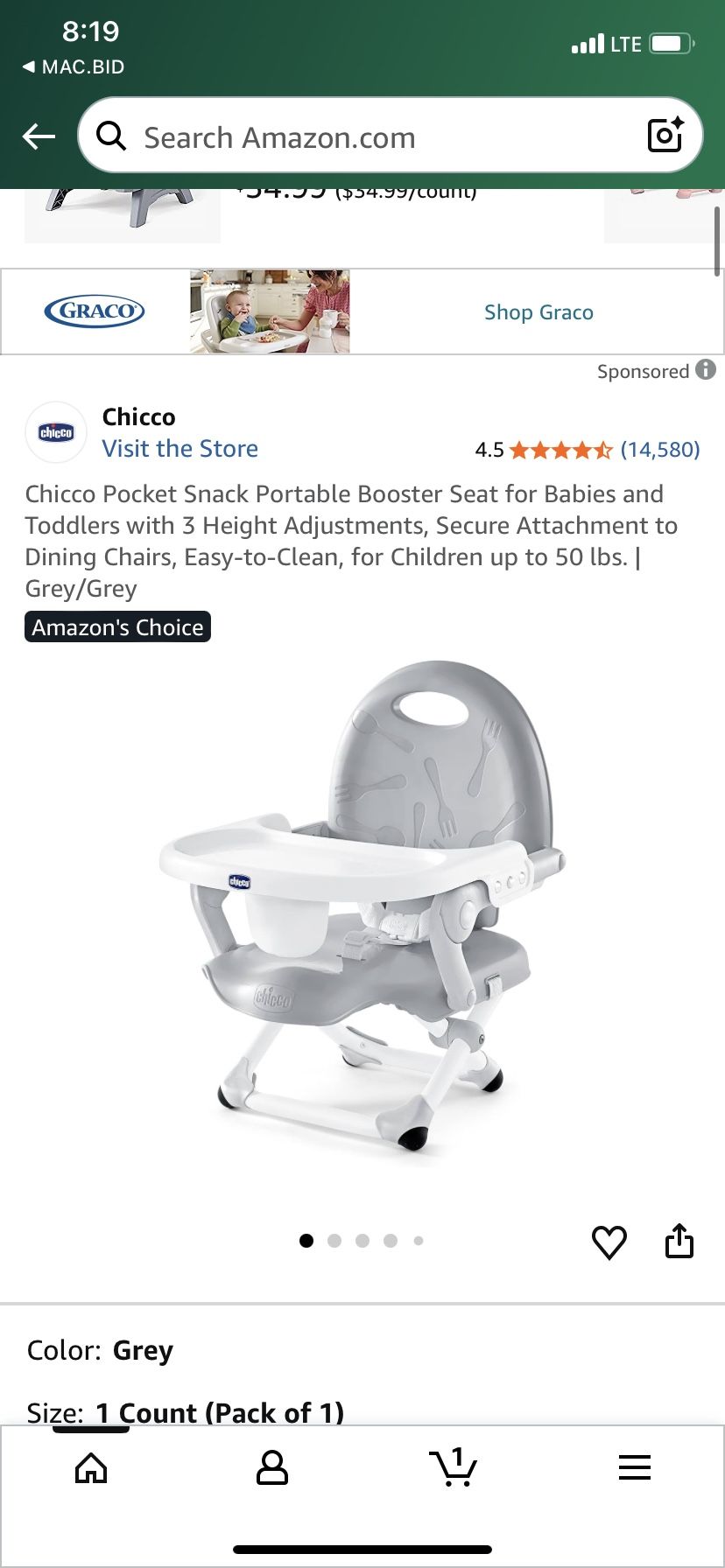 Chicoo Portable Booster Seat New Grey White $35
