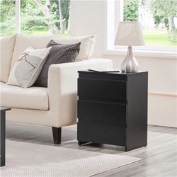 Simple 3-Drawer Vertical End Table with Charging Station, Large Capacity Nightstand Sofa Side Table with 2 USB Ports and 2 Outlets, Wooden Storage Cab