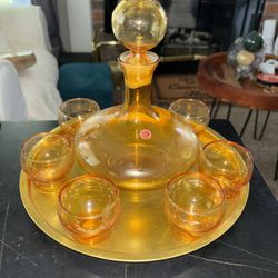 Vintage Amber Gold Made in Italy Decanter W/6 Cups/Stopper, & Tray