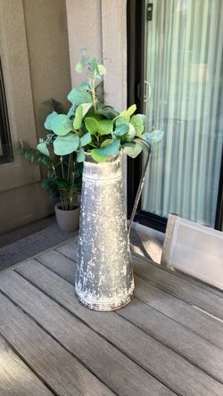 30" Tall Farmhouse Galvanized Metal Pitcher & Faux Eucalyptus Arrangement