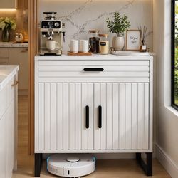 Buffet Cabinet with Storage, 31.5" W Fluted Coffee Bar Cabinet, Sideboard Cabinet with Doors and Drawer for Kitchen, Dinning Room, White