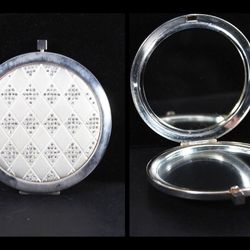 Vintage 1960s Silver Toned Metal Harlequin Matte And Rhinestone Compact Mirror 