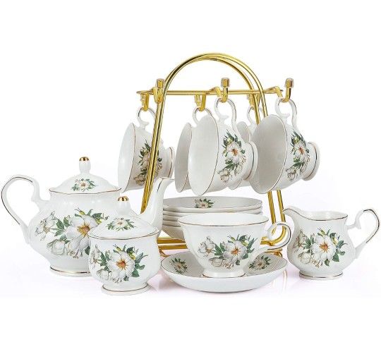 CHENP.HMC Porcelain Tea Set Tea Cup Set 22-Piece Porcelain Ceramic Coffee Tea Gift Sets Cups Saucer Service for 6 Teapot Sugar Bowl Creamer Pitcher an